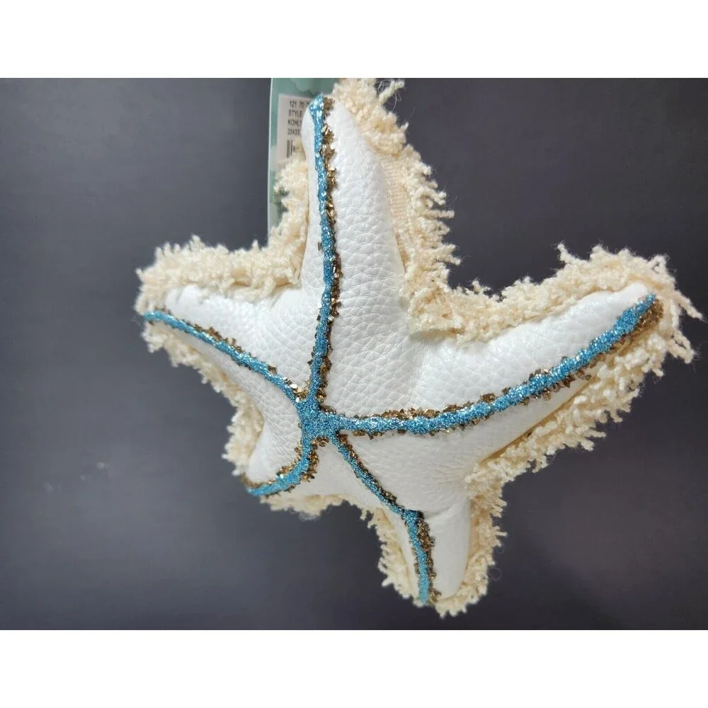 St Nicholas Square Starfish Ornament White Faux Leather Blue Glitter Fringed 6